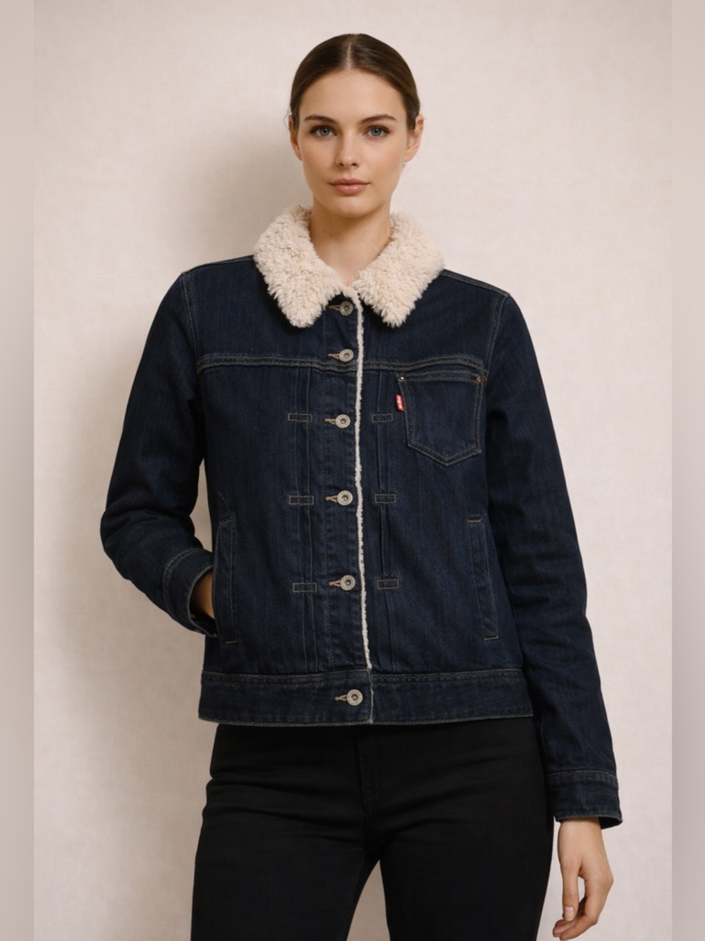 Levi's Dark Blue Denim Jacket with Cream Sherpa Collar
